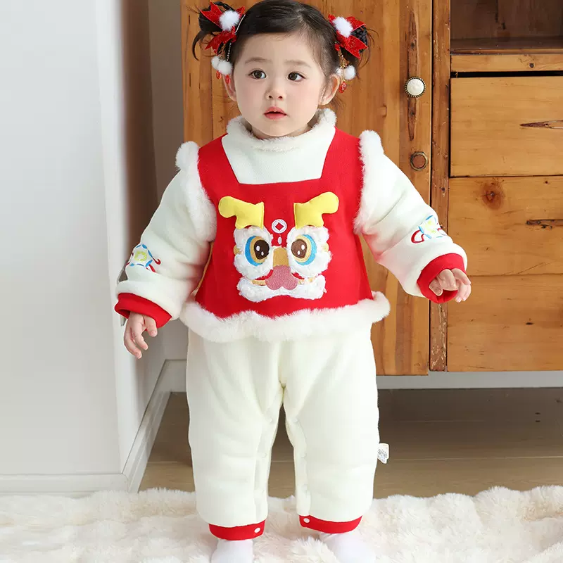 婴儿拜年服冬季加绒连体衣宝宝红色喜庆龙年新年刺绣过年爬爬服潮