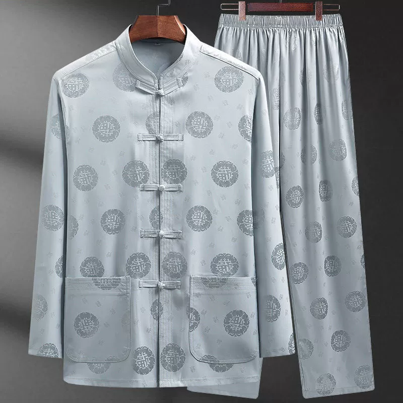 Summer thin silk set for boys for elderly, long-sleeve, Chinese style