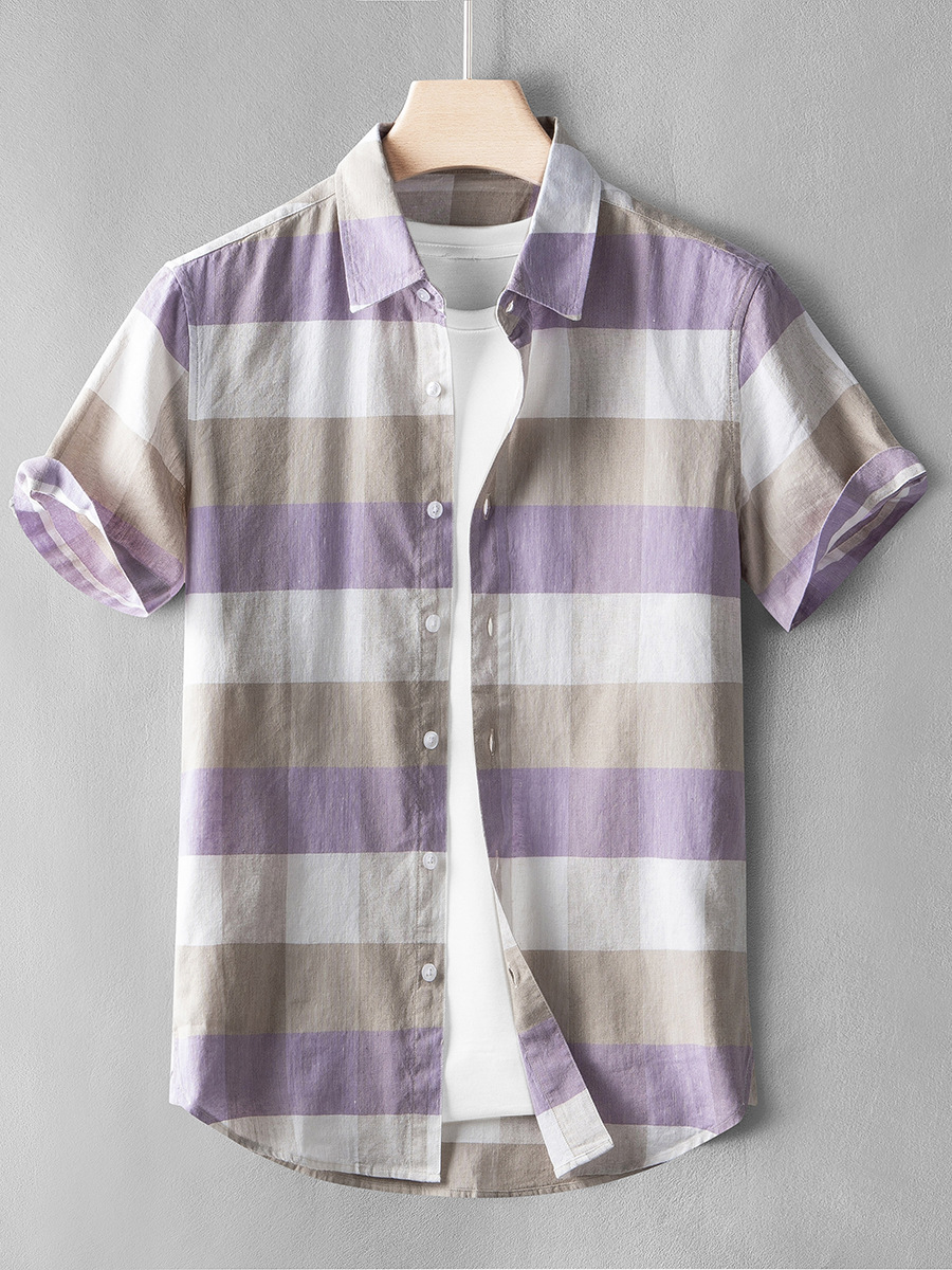 Camisa casual de lino juvenil Camisa de manga corta a cuadros a juego de color para hombre Camisa delgada a cuadros floral delgada de algodón y lino media manga verano