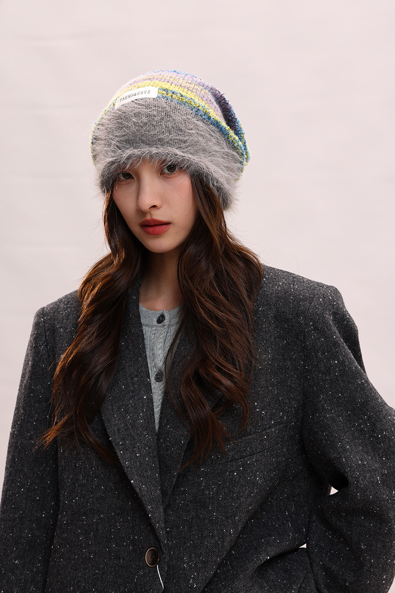 Cappello di lana per bambini, lavorato a maglia, con filato di piume femminili, impilato, che mostra il viso, piccolo calore autunnale e invernale, freddo cappello di lana, maschile_voghion.com