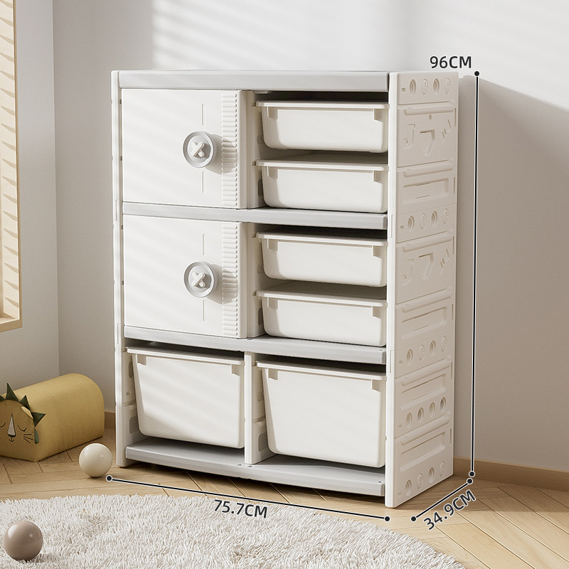 Juego de muebles infantiles de plástico con un armario de almacenamiento tipo cajonera de gran capacidad y varias capas para juguetes, para colocar contra la pared en la sala de estar.