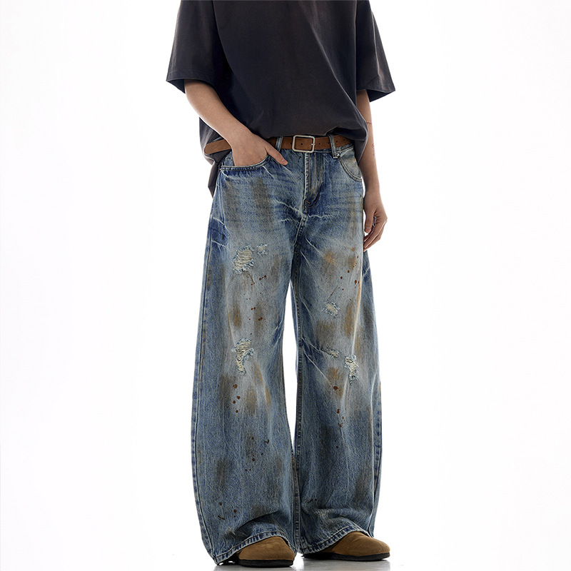 Japón retro hacer viejos agujeros de diseño de tinta vaqueros lavados en agua para hombres y mujeres calles altas de piernas anchas calles altas de nicho