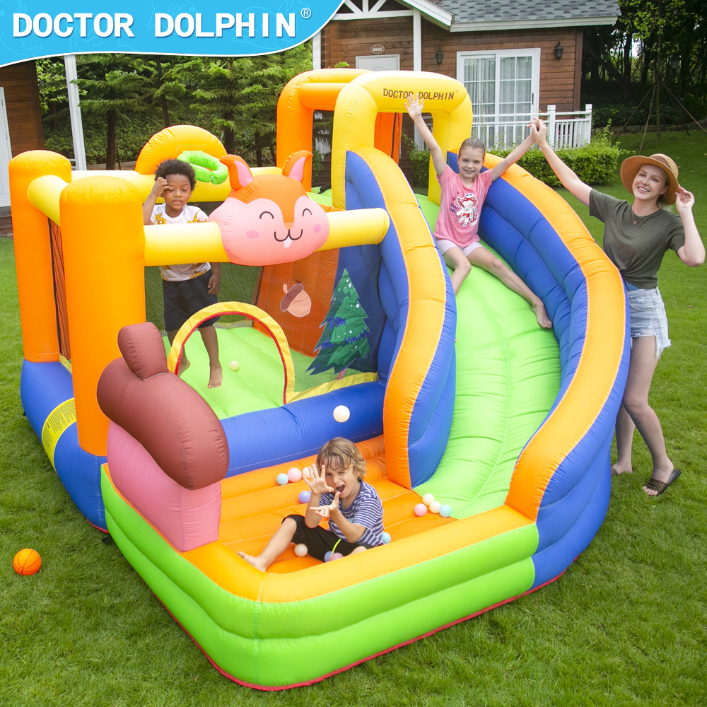 Castillo inflable para niños Doctor Dolphin, trampolín y tobogán con temática de ardilla, área de juegos interior, zona de juego para padres e hijos.