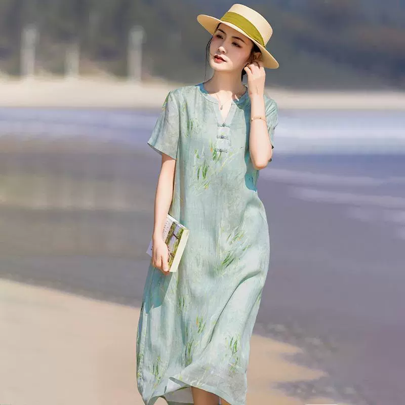 Высококачественное повседневное платье из хлопка и льна с ретро-принтом для женщин, новинка лета 20245, свободное платье-чонсам из хлопка и льна с v-образным вырезом для женщин