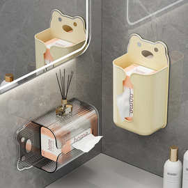 创意卡通熊纸巾盒壁挂式卫生间免打孔抽纸盒多功能家用洗脸巾收纳