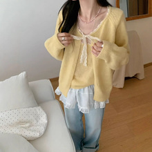 2025秋冬新款韩系简约百搭蕾丝系带开衫毛衣女针织衫两件套女装