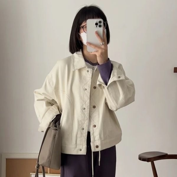 Spring New Hong Kong Style White Distressed Short Denim Jacket for Women Loose Slimming Stand Collar Jacket Top