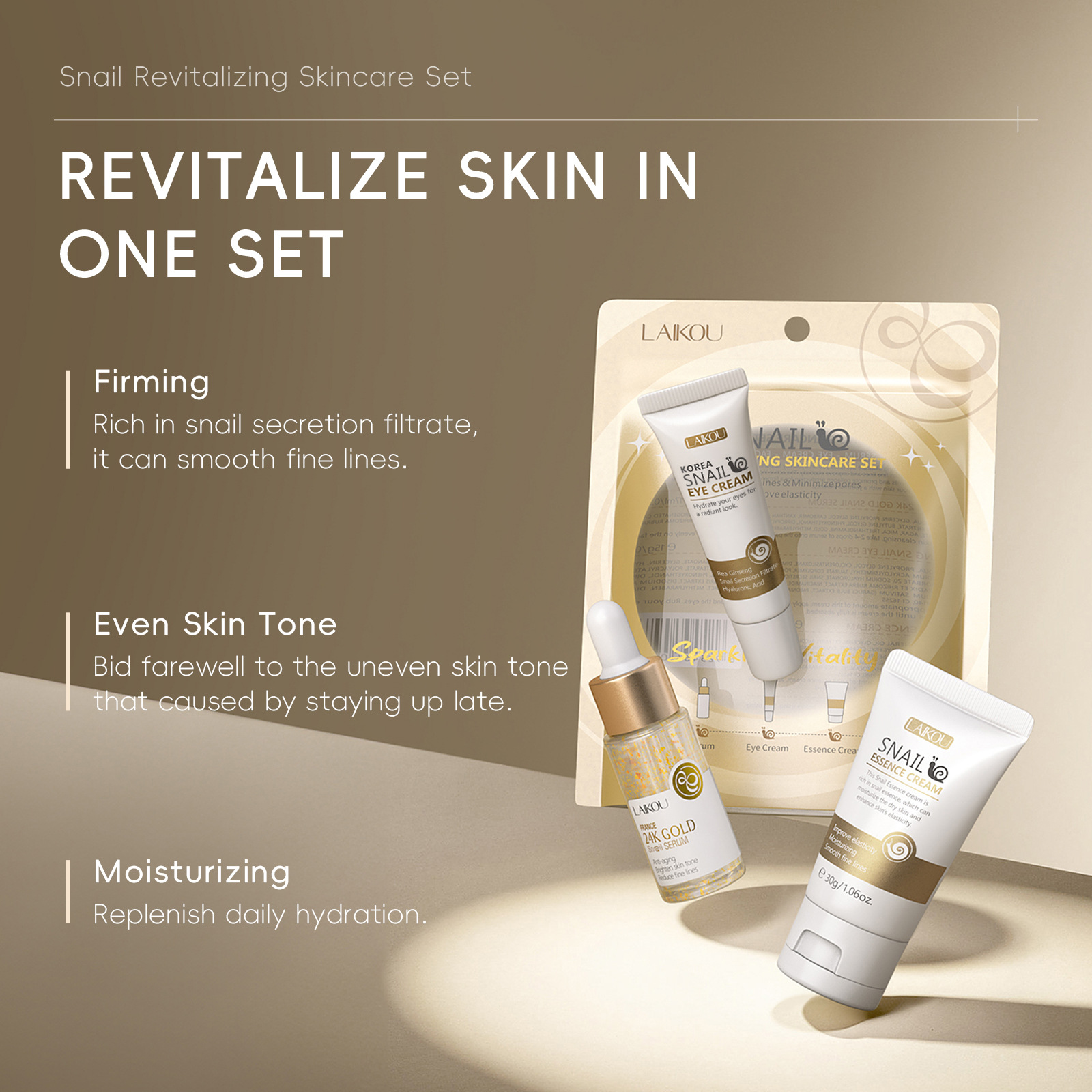 Cross-border LAIKOU Snail Revitalizing Skin Care Set 3-piece set, Facial Cleanser, Eye Cream and Face Cream manufacturer in stock undefined
