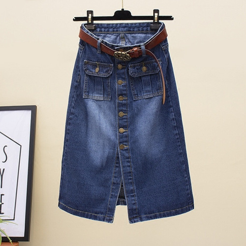 High-waisted slim-fit mid-length denim skirt with spring retro one-row button slits, butt-flattering A-line dress