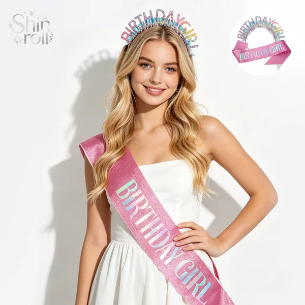 Cross-Border Birthday Birthdaygirl Set Hairband Crown Ribbon Two-Piece Set Birthday Party Dance Decoration