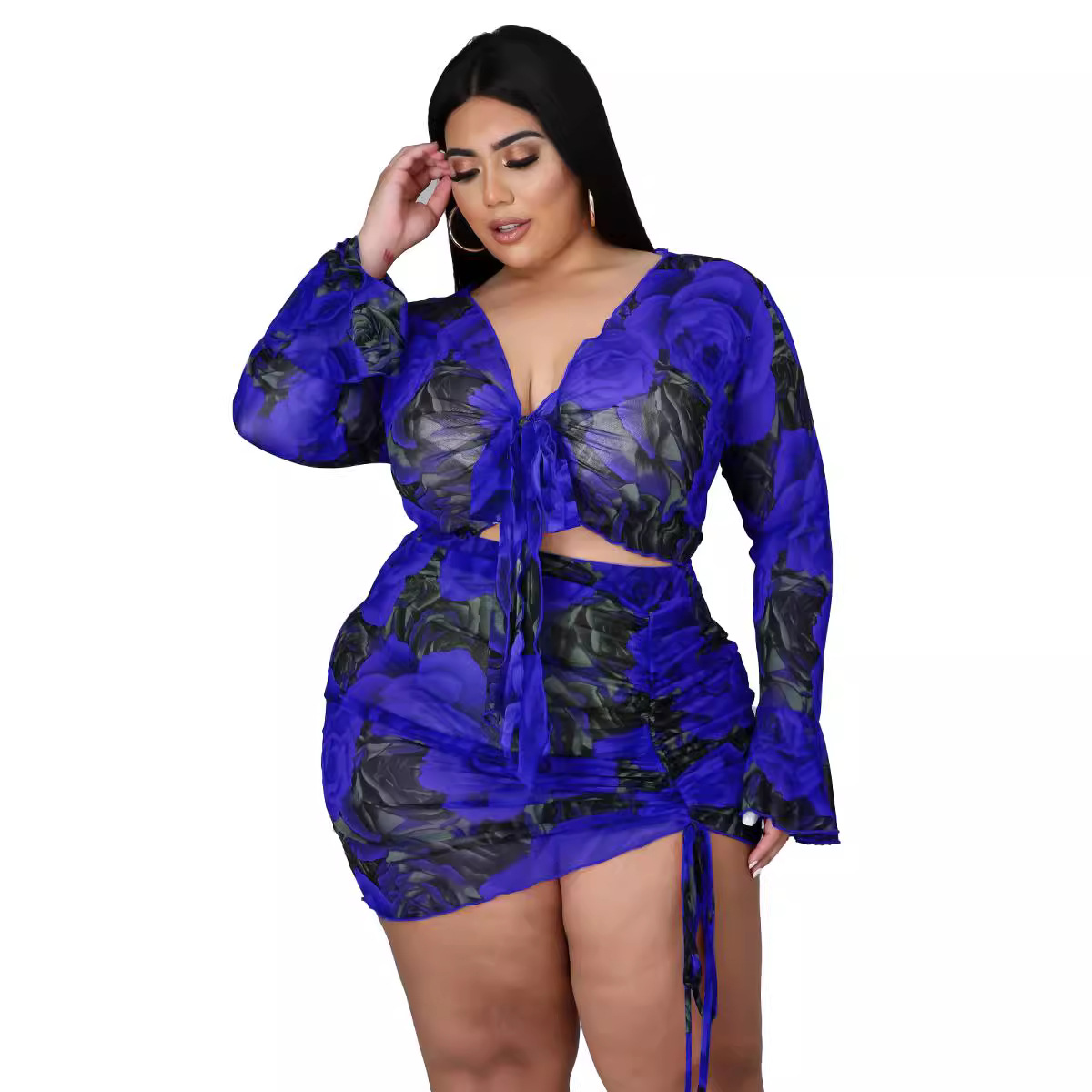 Women's plus Size Printed Two Piece Set Long Sleeve Drawstring Mesh Nightclub Style Sexy Polyester Clothing_voghion.com