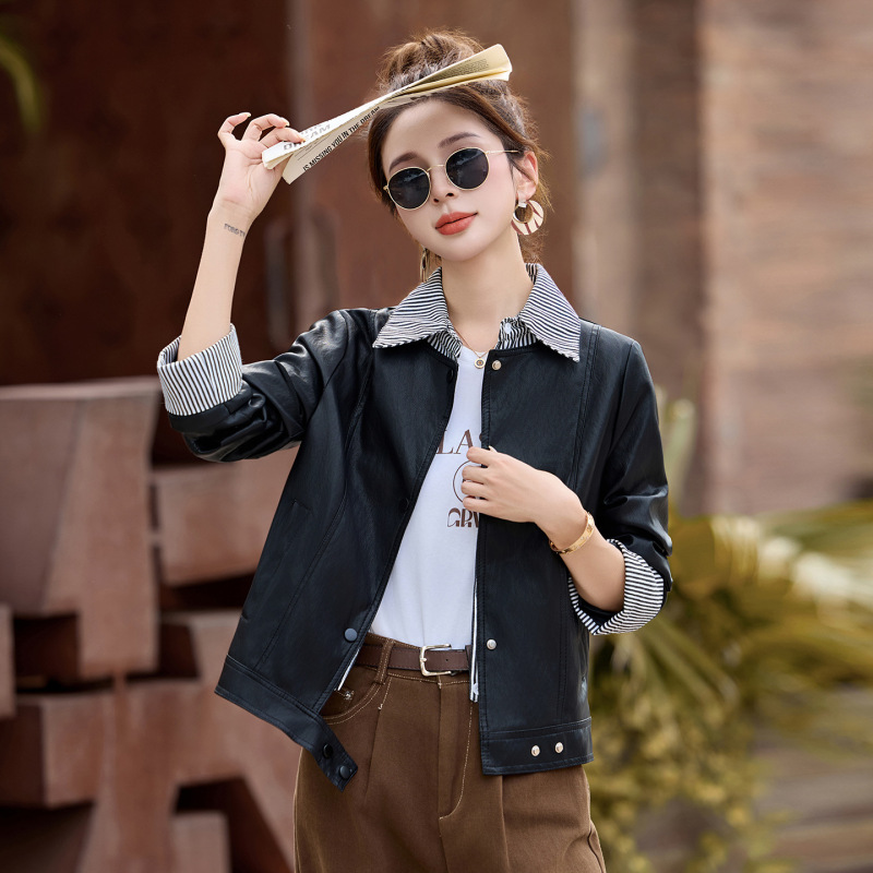 Shirt Fake Two-Piece Leather Jacket Women's Short Autumn and Winter Korean Style Loose Elegant Top High-End Retro Leather Jacket Shirt Fake Two-Piece Leather Jacket Women's Short Autumn and Winter Korean Style Loose Elegant Top High-End Retro Leather Jacket