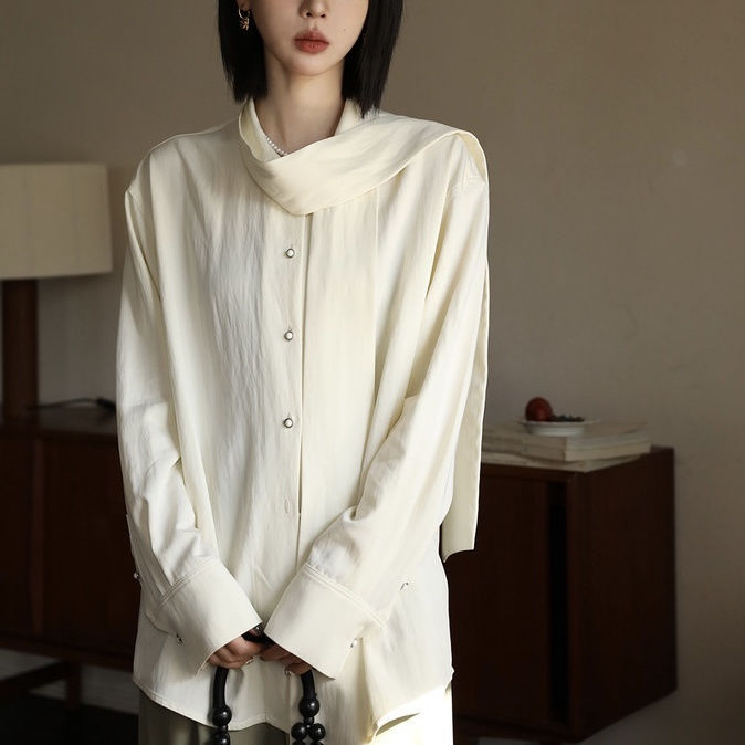流云法式通勤风蝴蝶结飘带衬衫女春季新款宽松设计感百搭上衣|undefined