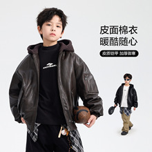 男大童冬装潮酷机车风加厚连帽棉服2025新款儿童运动防风皮衣外套