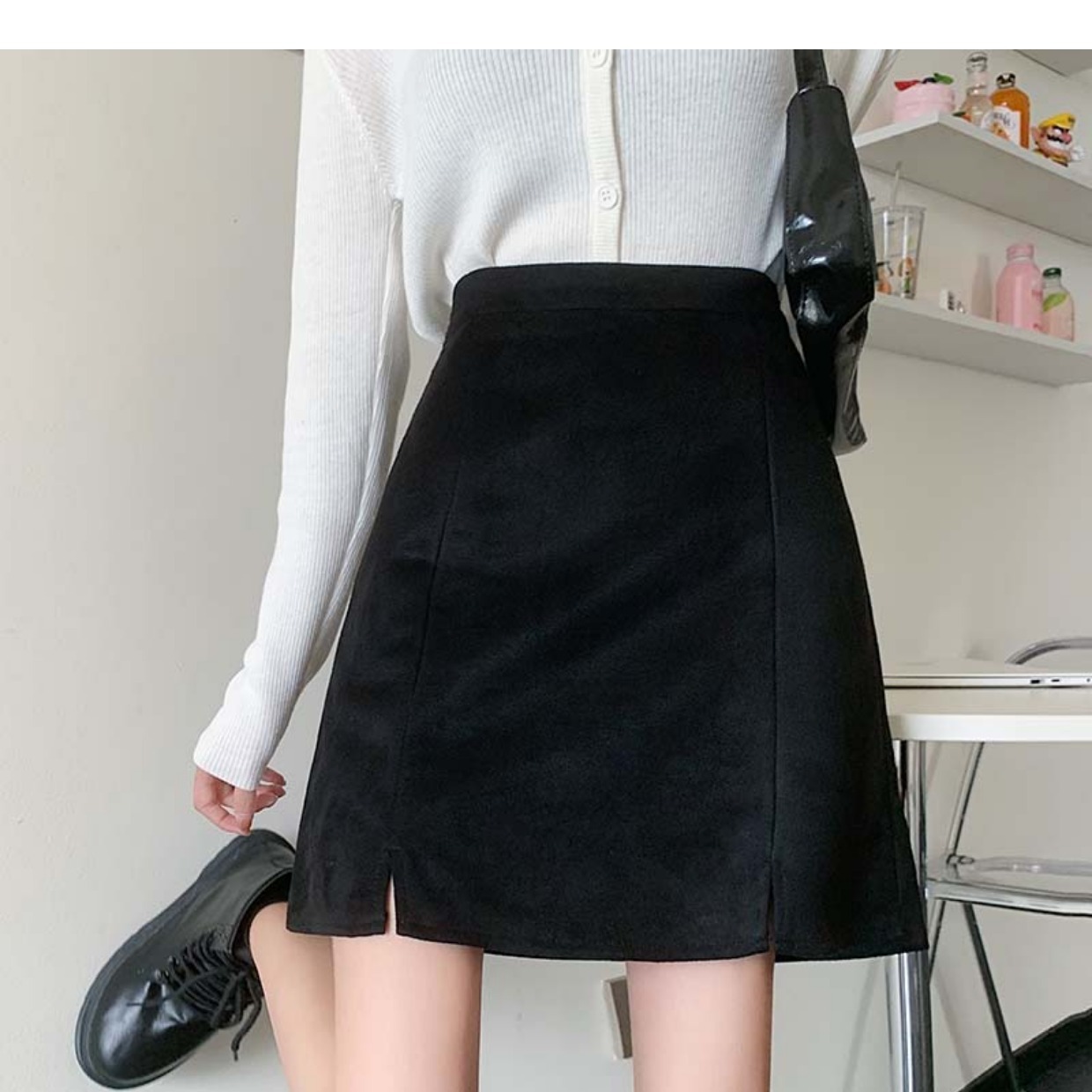 GraceChic GraceChic GraceChic 2023 Autumn Winter High Waist Split Suede Velvet Midi Plus Size Slimming A-line Bodycon Versatile Black Short Skirt_voghion.com