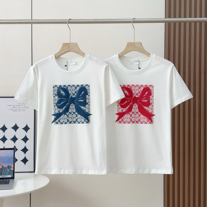 Ch Koujia High-End Version American Retro Style T-Shirt for Women, Cotton Round Neck Classic Monogram Square Bow Short-Sleeve T-Shirt