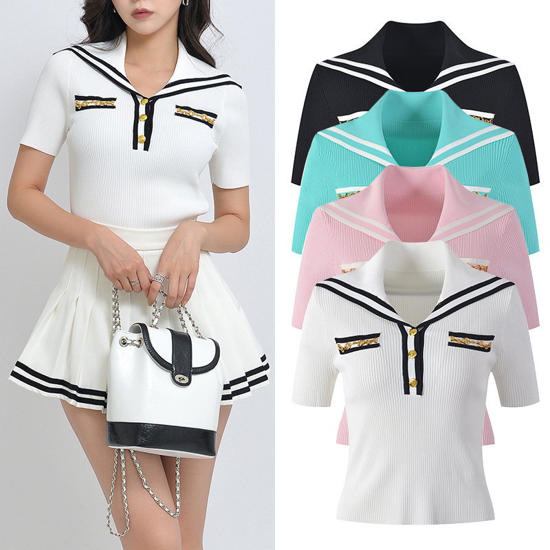 Navy Style Polo Collar Knitwear Women's Summer 2023 New Slim Fit Versatile Pullover Short-Sleeved Top