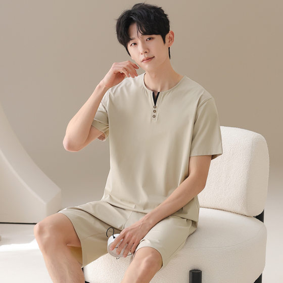 Vintage New Chinese Pajamas Men's Summer Pure Cotton Short-sleeved Small V-neck Solid Color suit Summer Men's plus size Home Clothes