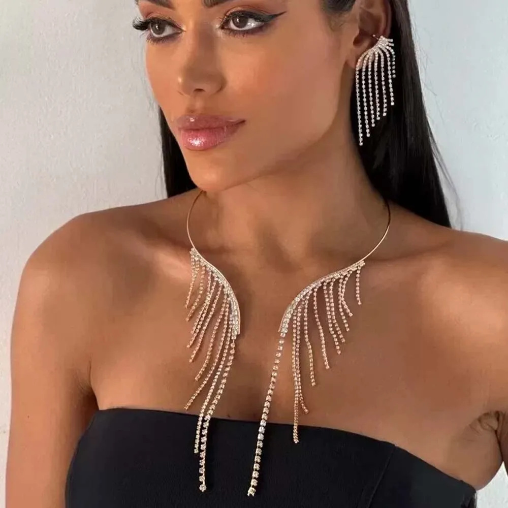 Amazon venta caliente set de joyería frillera simple clavícula de diamante pendientes de moda set de joyería mujer