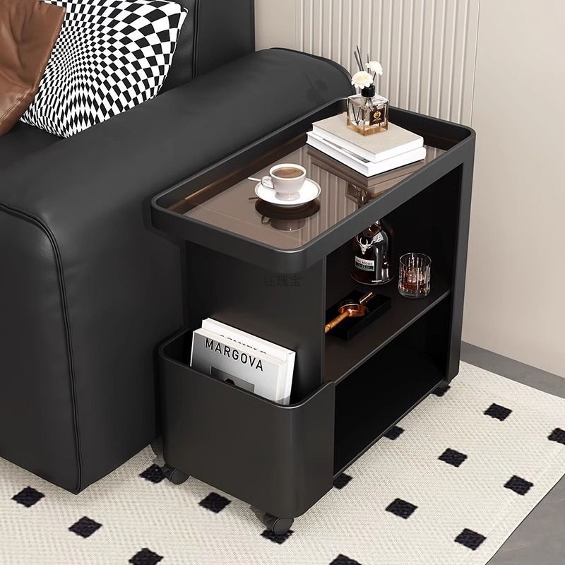 Black Sofa Side Table, Movable Small Coffee Table, Living Room Light Luxury Trolley, Wrought Iron Wheeled Glass Bedside Table, Internet Celebrity