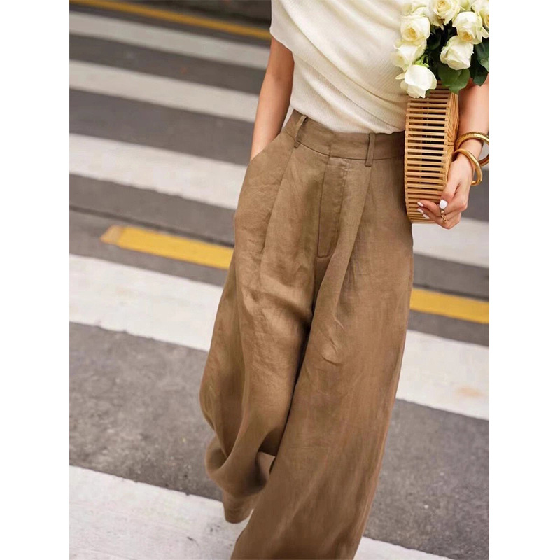 Highly Recommended! Brown Linen Wide-Leg Pants for Women, High-Waisted Drapey Casual Pants with a Stylish Design, Cotton-Linen Long Pants