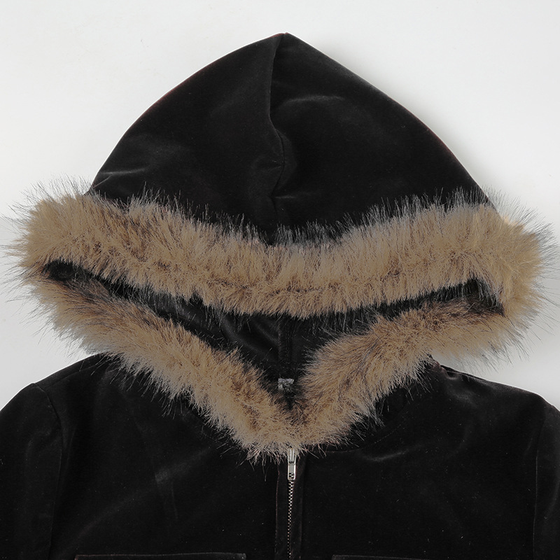 Women Fur Stitching Hooded Zip Cardigan Pocket Design Jacket Autumn Winter Solid Color Sexy Velvet Coat