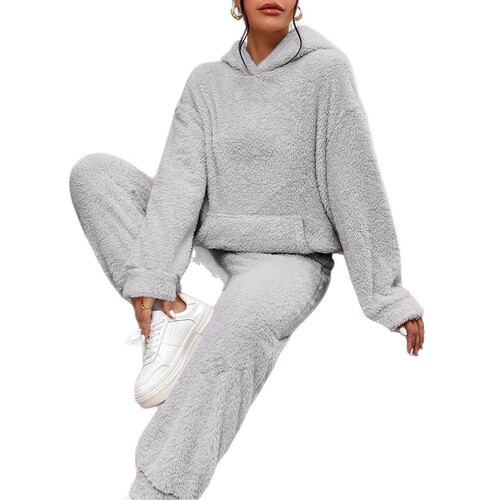 Autumn and winter new European and American casual women's clothing pure color plush hooded long-sleeved pantsuit