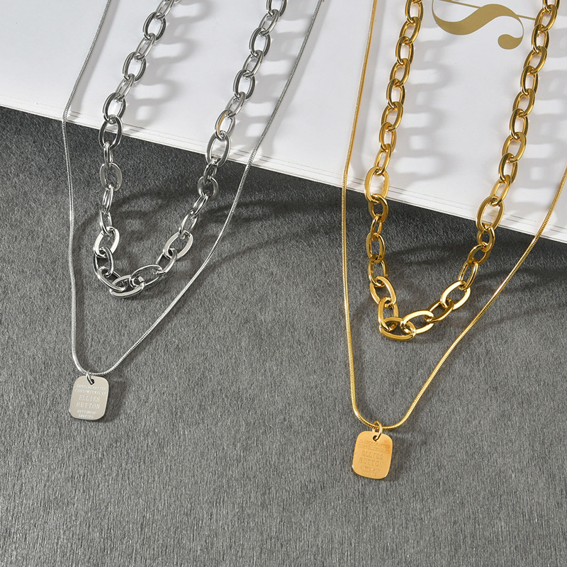 21g Weight Vacuum Plating Gold Plating Process 18K Real Gold Plated Plating Material Vacuum Plating 18K Gold Square 201 Stainless Steel Streetwear 201 Stainless Steel Layered Necklaces