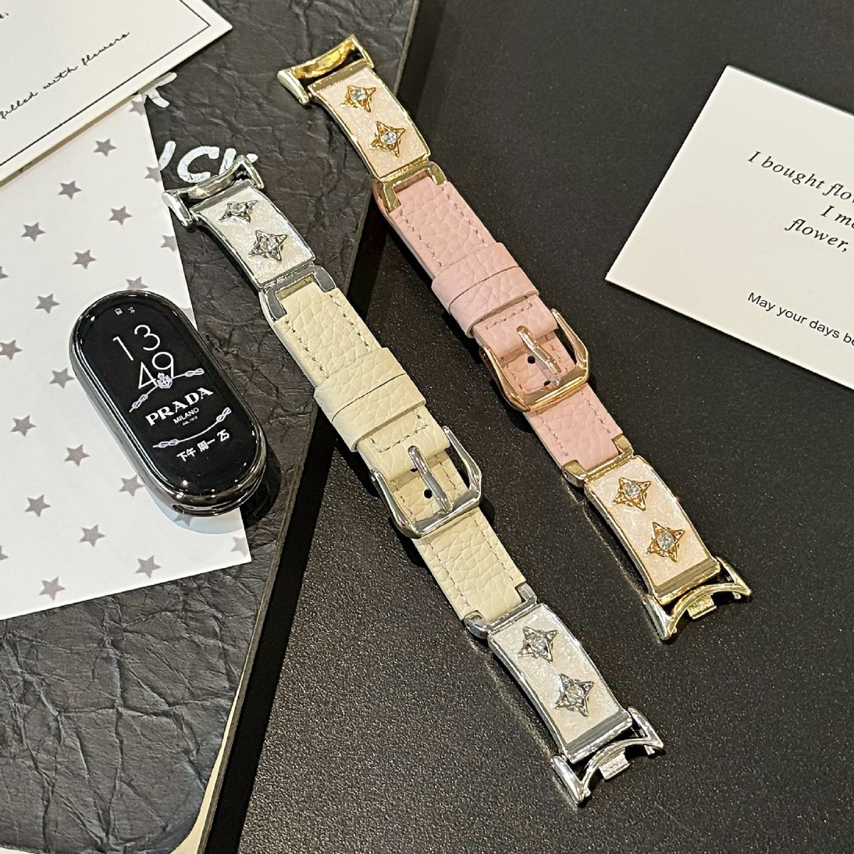 Double Star Curved Piece with Pebbled Leather Watch Strap Suitable for Apple 8910 Huawei Fit4 Gt5 Samsung Xiaomi Wristband