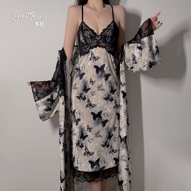Sexy Classical Printed Velvet Pajamas Deep V Push-Up Plus Breast Pad Nightgown Outer Robe Home Wear Set 4827 Sexy Classical Printed Velvet Pajamas Deep V Push-Up Plus Breast Pad Nightgown Outer Robe Home Wear Set 4827