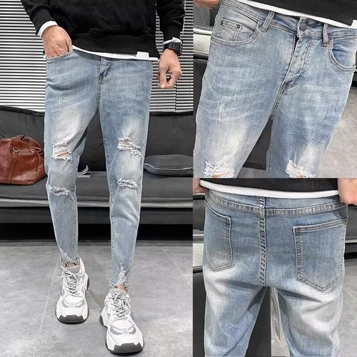 Selected Holey Jeans for Men - Rugged Style Summer Thin Version Streetwear Korean Version Nine-Eighth Body-Fitting Slim Pants