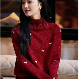 2025秋冬季时髦慵懒风闪烁爱心羊毛羊绒高领针织毛衣の