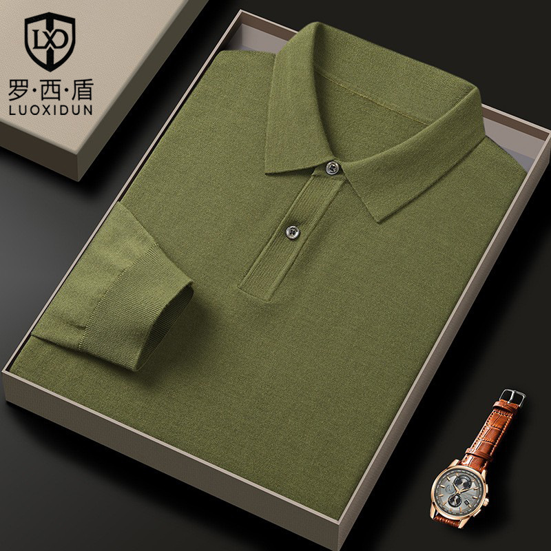 [48 Count Worsted] Superfine Merino Wool Polo Shirt for Men, Thin Long-Sleeved Boutique Woolen Sweater Top for Men