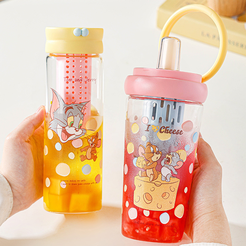 Nuevo gato y ratón Vaso de vidrio con alto contenido de borosilicato Vaso de agua de alto valor Vaso de paja de gran capacidad de verano Vaso de agua con fugas de té