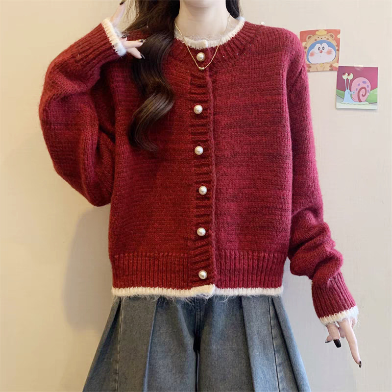 Pearl Button Short Sweater Jacket for Women Spring and Autumn New Loose Design Round Neck Knitted Cardigan Trendy Belly Covering