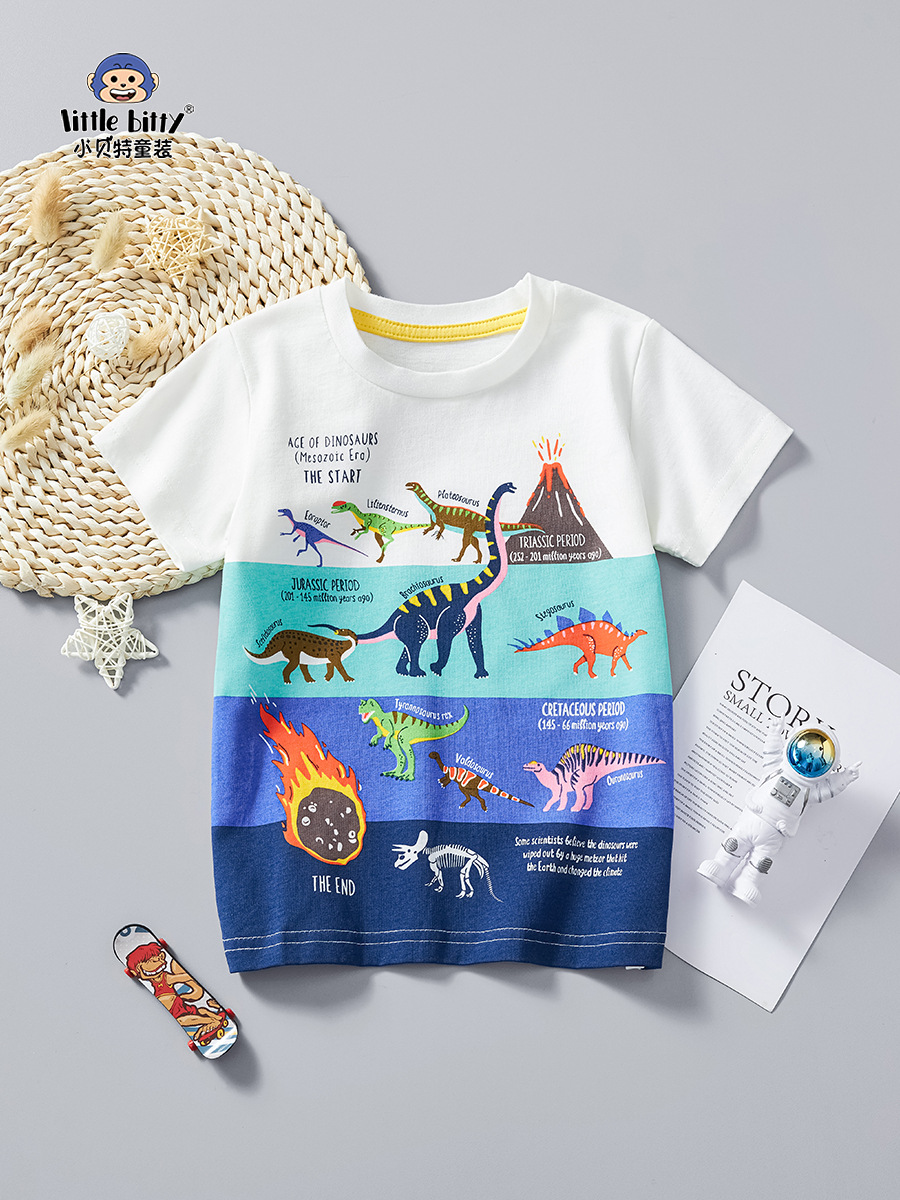 European and American Children's Clothing Short-Sleeved 2025 Summer New Boys' Tops Cartoon Dinosaur White T-Shirt Children's Wholesale Factory