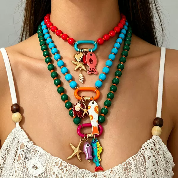 European and American Cross-Border Ocean-Style Necklace Geometric Dopamine Colorful Beaded Starfish Clavicle Chain Versatile Pendant Necklace