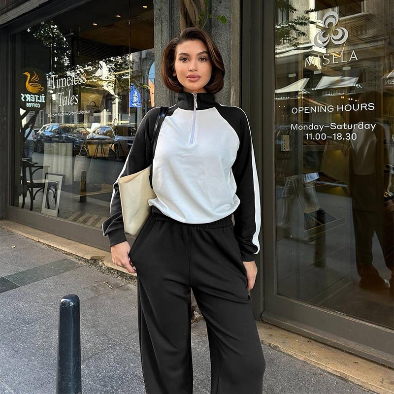 211475 Spring Autumn New Cross-Border European And American Color-Block Long-Sleeve Zipper Sweatshirt Women's Fashion_ecoleips.com