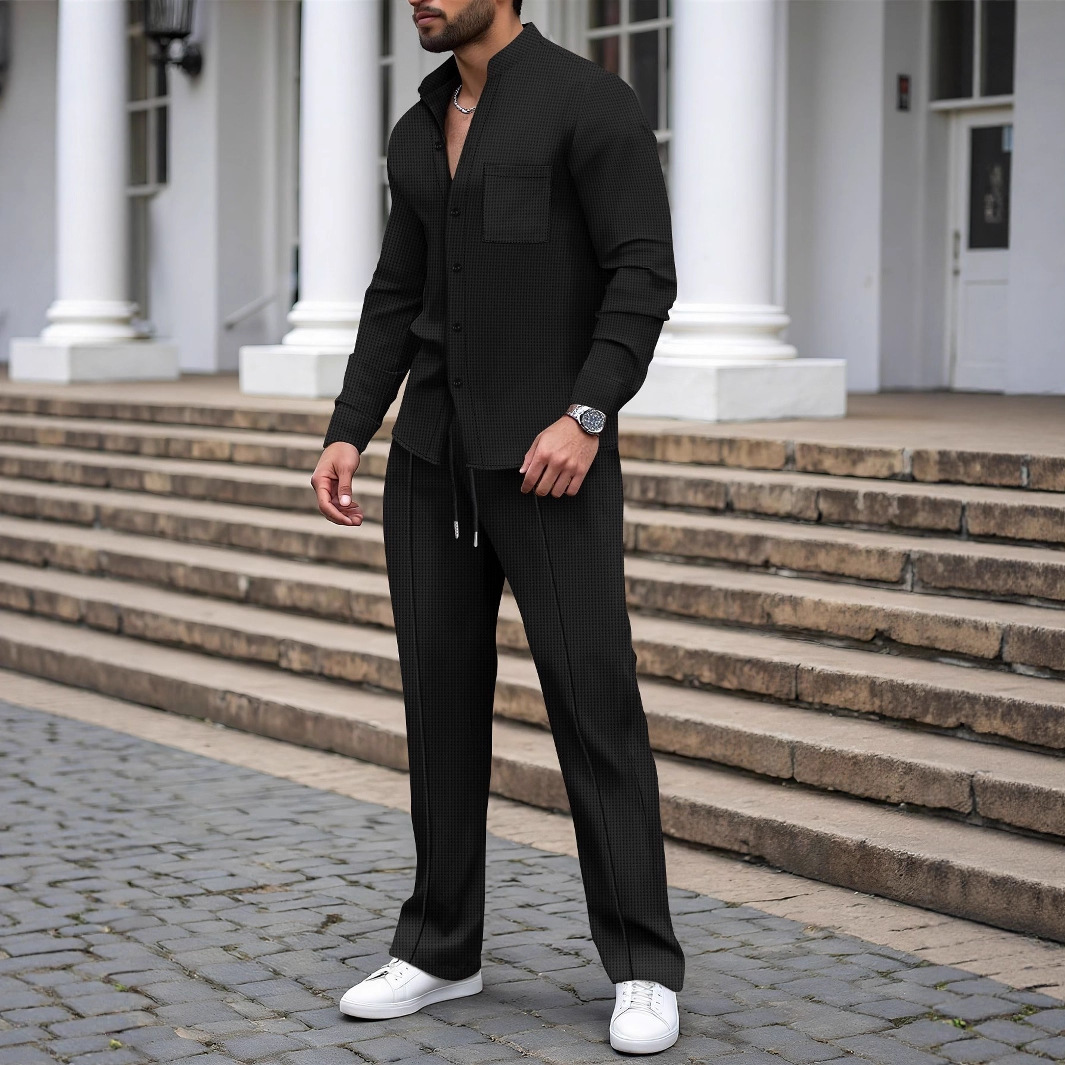 K Men's New Waffle Solid Color Stand Up Collar Cardigan Shirt Long Sleeved Pants Casual Suit_viptrois.com