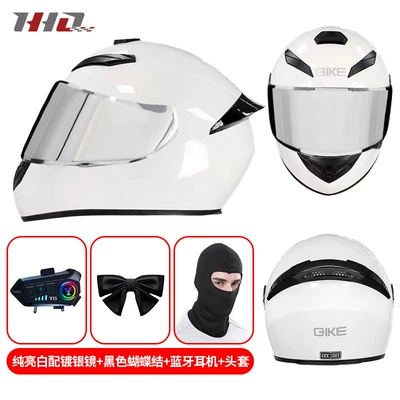 Motosiklet kaskı (dəbilqə) – girl's same motorcycle full helmet - pure-bright-white-with-silver-plated-mirror-black-bow-bluetooth-headset-anti-fog-sticker-m