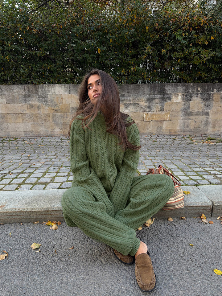 Bộ hai món nữ áo len cardigan cổ bẻ khóa kéo phối quần dài ống đứng, form rộng — Bộ hai mảnh áo len màu hồng, Bộ hai mảnh áo len màu sô cô la, Bộ hai mảnh áo len màu xanh ô liu, Bộ hai mảnh áo len màu xám chi tiết 23