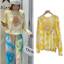 跨境女装秋冬新款羊毛混纺毛衣女法式笑脸字母刺绣扎染套头针织衫