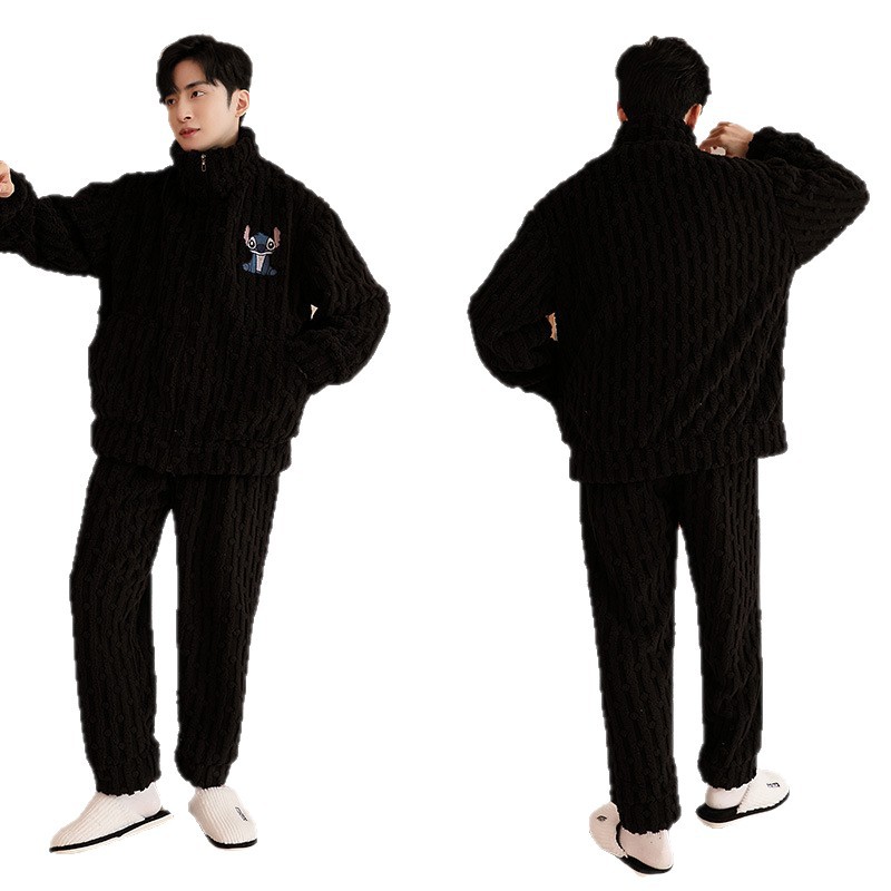 Invierno nuevo simple color sólido hombre pijama casual relajado encantador dibujos animados ropa de casa de dos piezas set