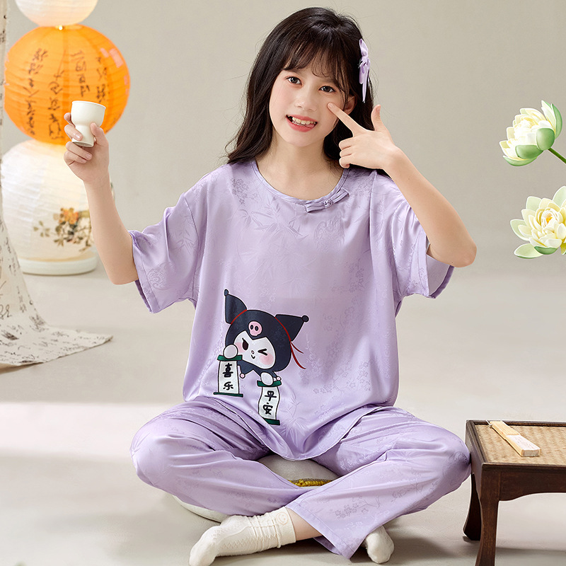 새로운 중국 스타일 국가 스타일 소녀 잠옷 여름 반팔 반바지 아이스 실크 새틴 실크 에어컨 의류 홈 의류 세트