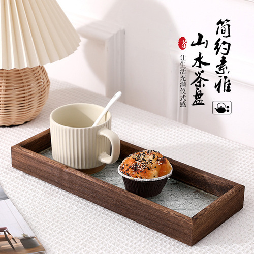 Cross-border Japanese retro cherry blossom pressed glass tea tray, solid wood rectangular storage tray, photography prop, decorative piece