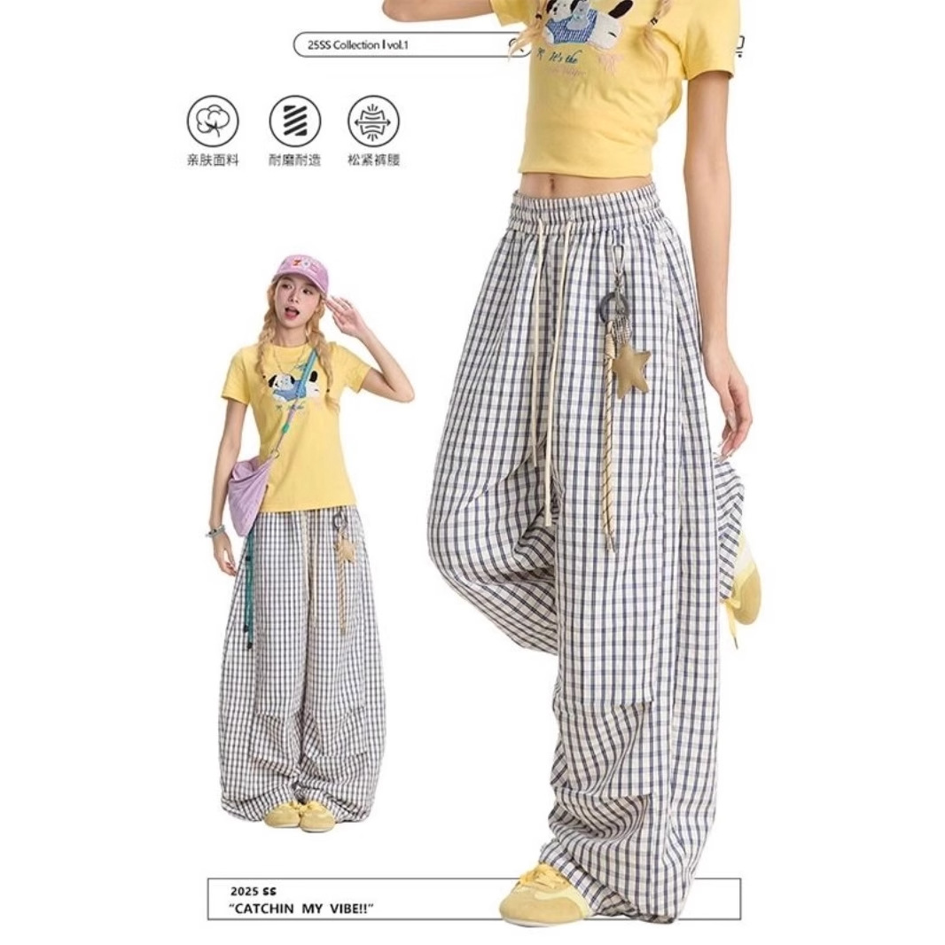 Star Hanging Pants Blue Plaid Straight Pants Women's Summer 2025 New Style Lazy Casual Wide Leg Pants Ins