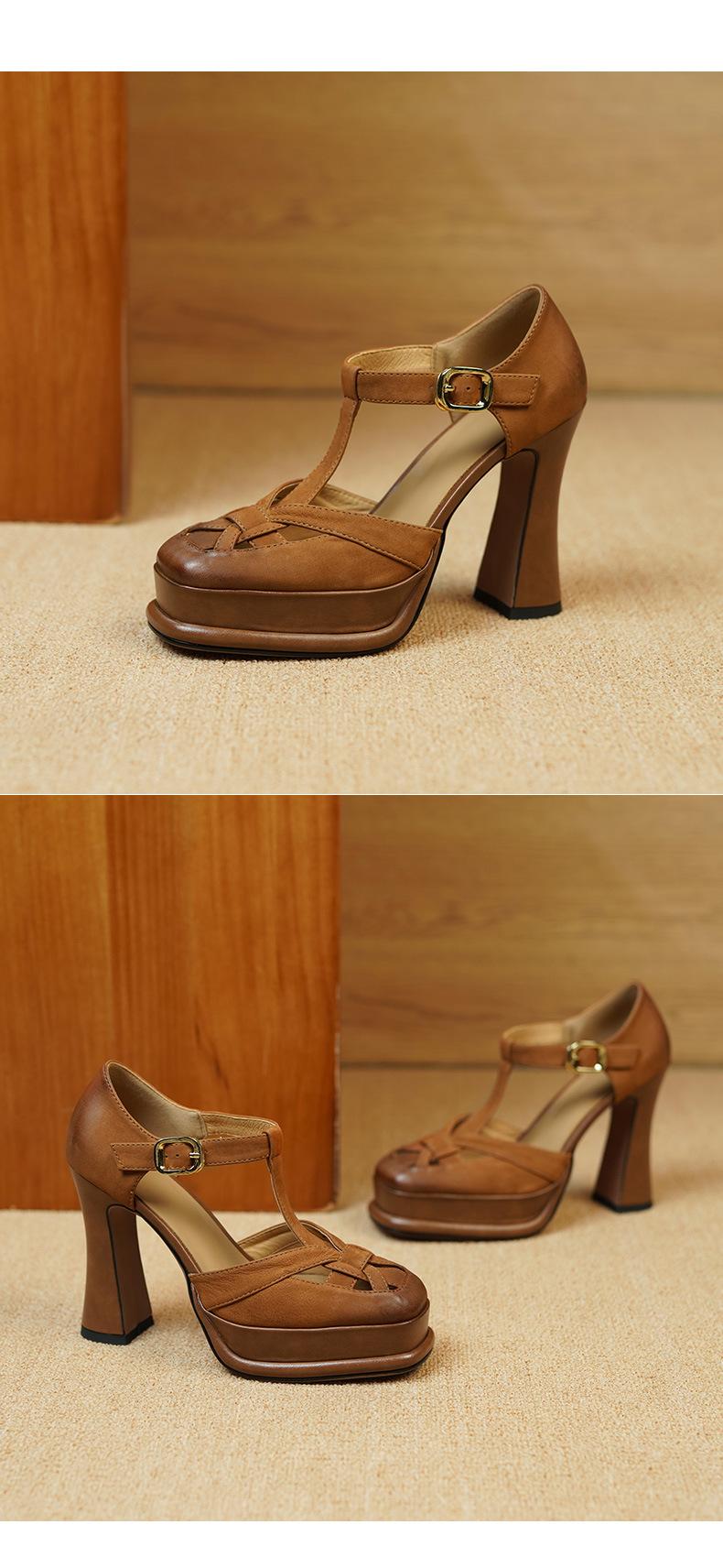 Giày sandal cao gót nữ bít mũi hở gót, quai chữ T, gót 12 cm, đế thô — Màu caramel chi tiết 7