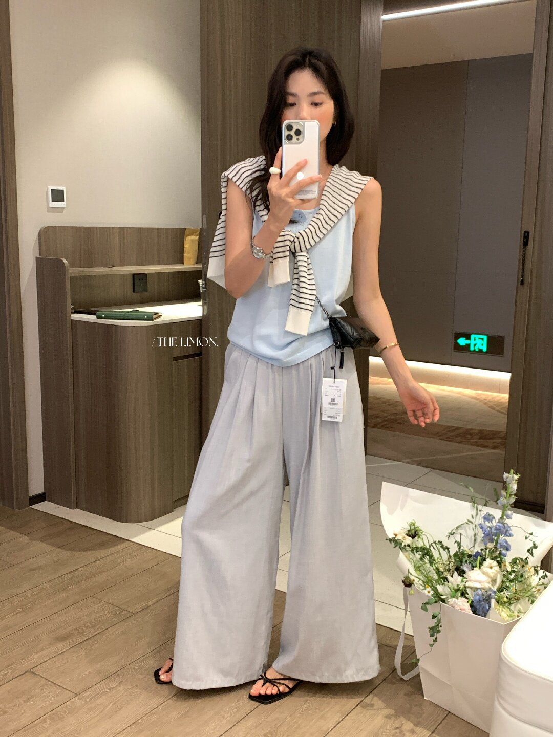 Quần ống rộng nữ vải linen phối cotton dáng suông mùa hè — Xám gạo, Xanh xám nhạt, Xanh đen, Cam bí ngô chi tiết 36