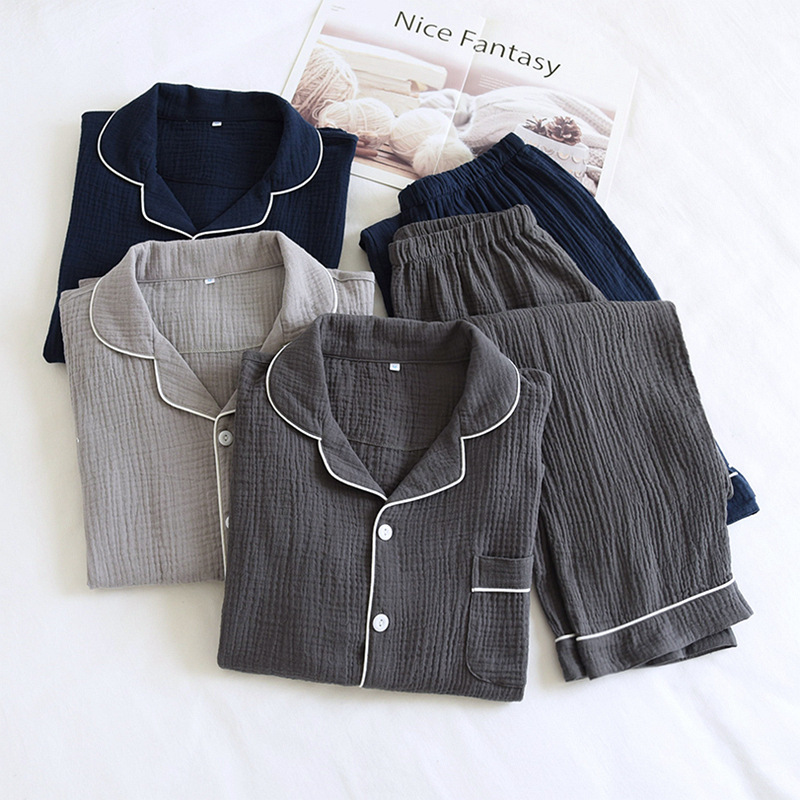 Pure Cotton Double Gauze Pajamas Men's Summer Thin Spring and Autumn Long Sleeve Pure Cotton Solid Color Loose plus size Home Clothes suit Pure Cotton Double Gauze Pajamas Men's Summer Thin Spring and Autumn Long Sleeve Pure Cotton Solid Color Loose plus size Home Clothes suit