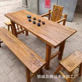 新中式实木茶桌风化木板餐桌复古老榆木门板桌功夫泡茶桌禅意